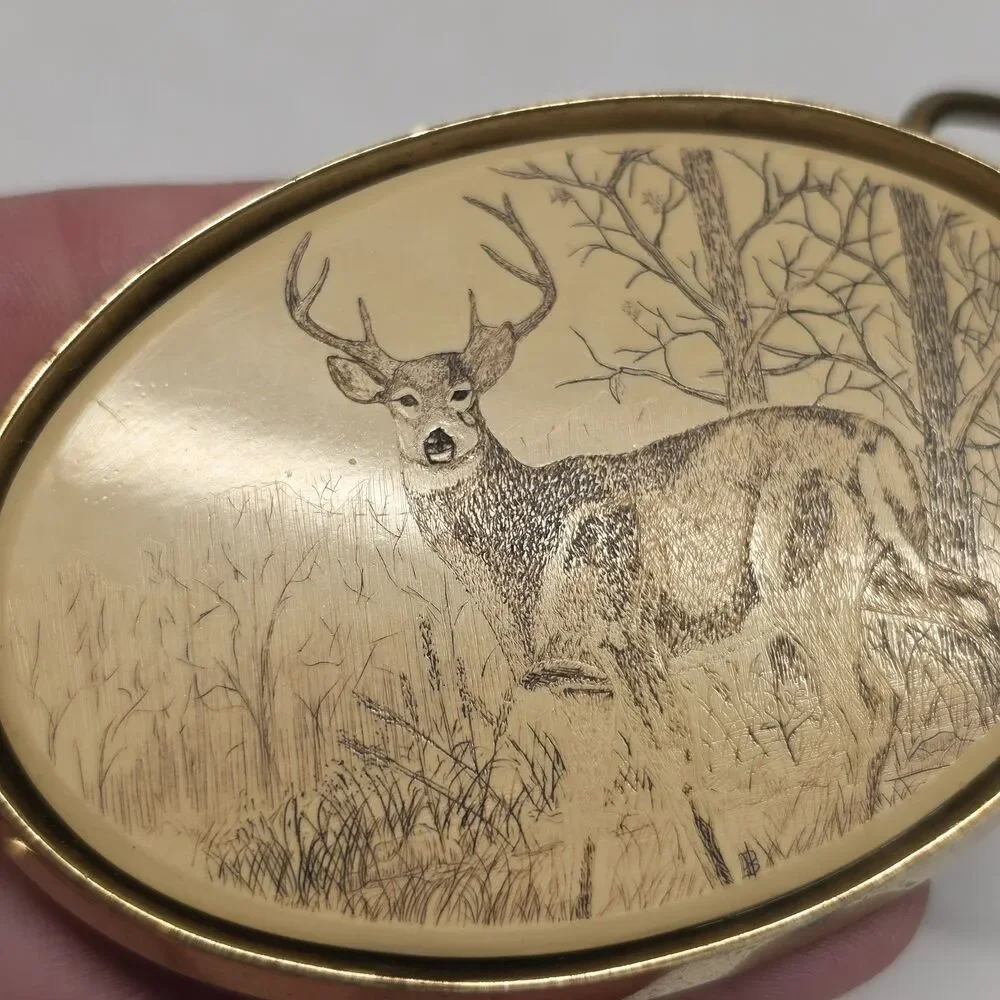 Barlow Solid Brass Deer Buck Engraved Hunting Belt Buckle Plate Vintage 1983